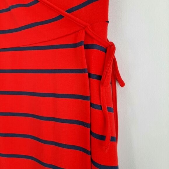 TORRID \ Faux Wrap Knee Length Midi Dress Stretch Jersey Knit Stripe Red Blue M - Picture 6 of 13